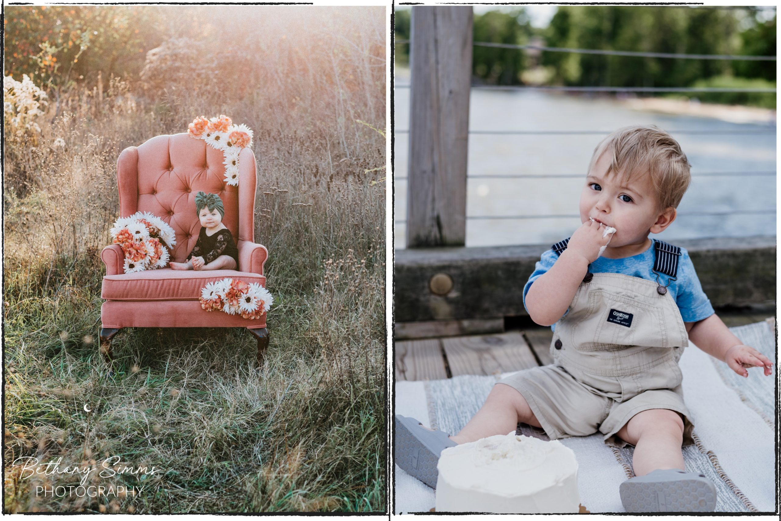 Picture of six month old girl on the left sitting in a chair with beautiful flowers and a picture of one year old boy on the right sitting on a pier eating a cake for cake smash session