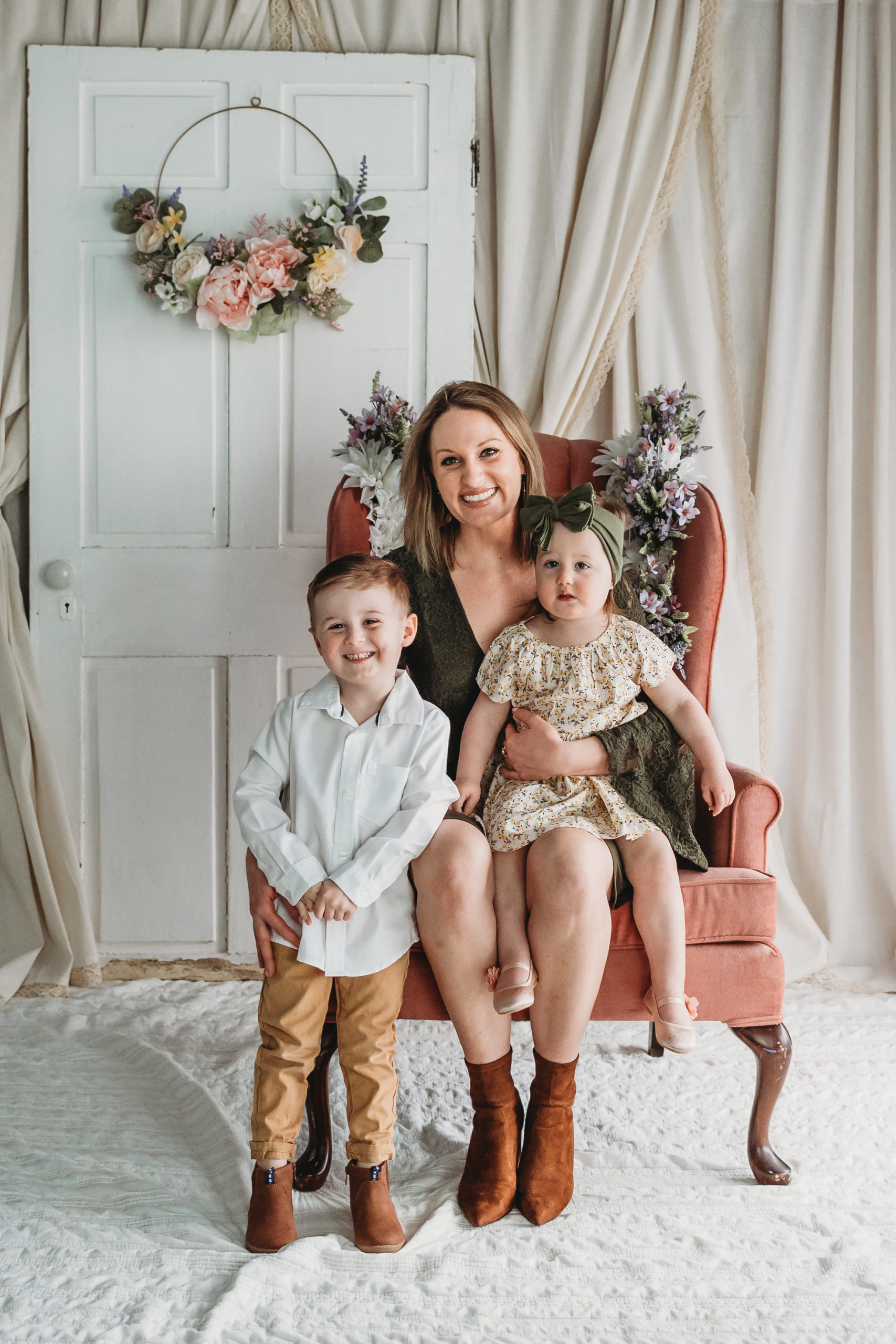 Picture of mother with young son and daughter posing for Mommy and Me Spring Mini Sessions for Bethany Simms Photography